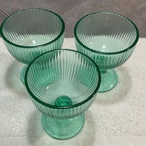 Trio of Ribbed Green Glass Goblets